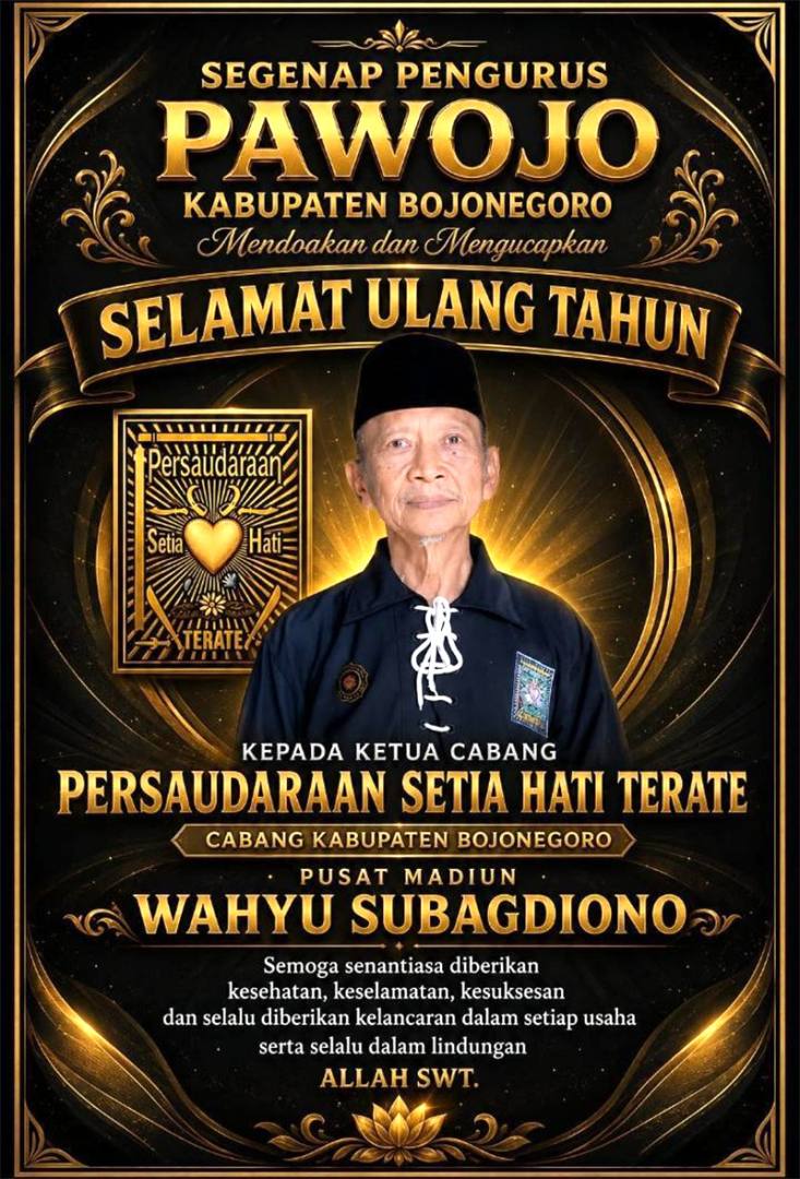 PAWOJO Bojonegoro ucapkan Selamat Ulang Tahun untuk Ketua Cabang sekaligus Guru Spiritual PSHT Bojonegoro, Mas Wahyu Subagdiono. Semoga sehat dan sukses selalu.